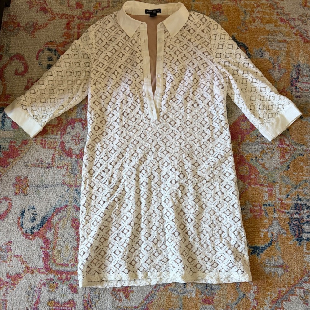 Jessica Howard White Lace Shift Dress Size 16 Collared 3/4 Sleeve Lined Mini
